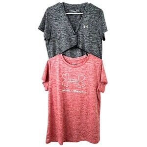 2 Under Armour Womens L Red Black UA Tech VNeck Twist Short Sleeve Shirt 1421R4